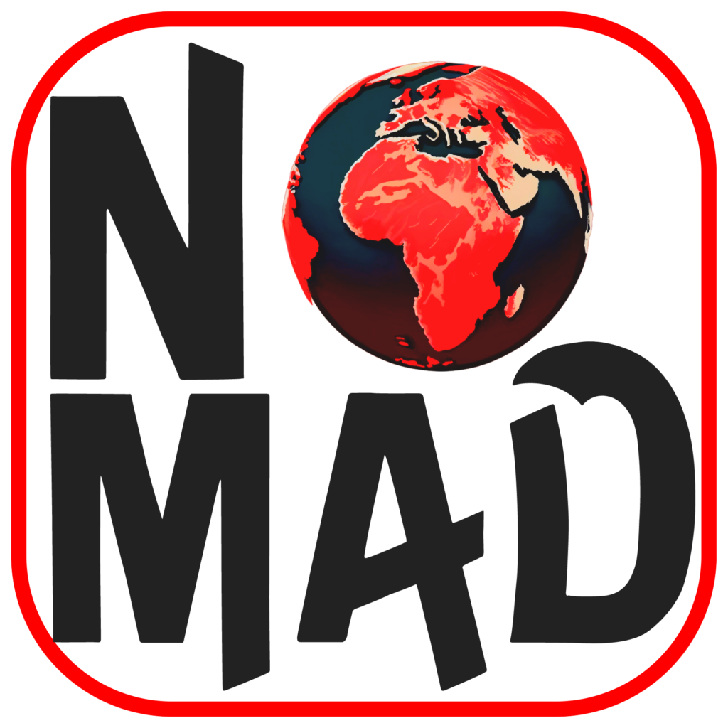 The Judo Nomad logo: NO MAD badge with a red globe