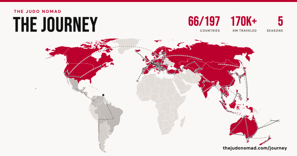 Map of The Judo Nomad route, 66 of 197 countries visited since 2021