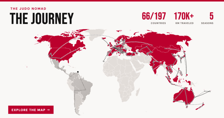 Map of The Judo Nomad route: 66 of 197 countries visited since 2021. Click to explore the journey.